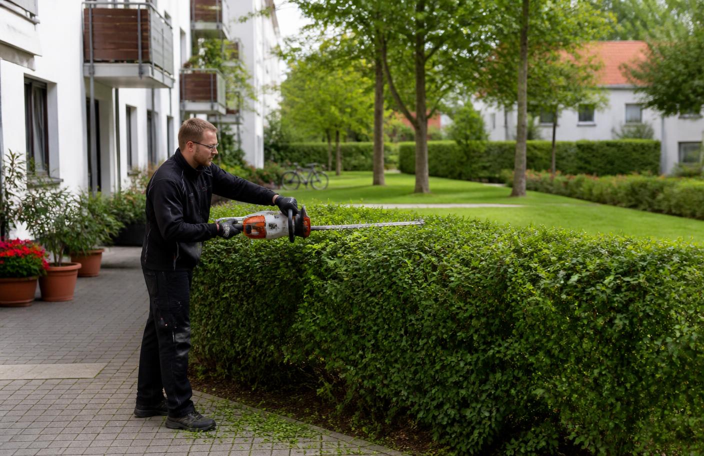 Gärtner von Rosenbaum bei der Pflege einer Grünanlage in einem Wohnpark