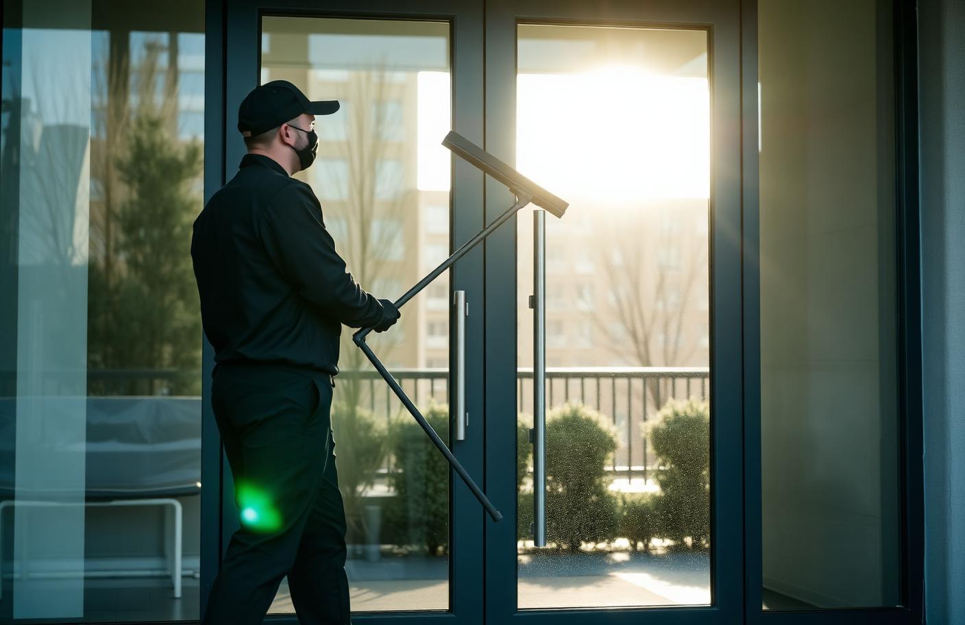 Mitarbeiter reinigt Glasfront eines Wohnhauses