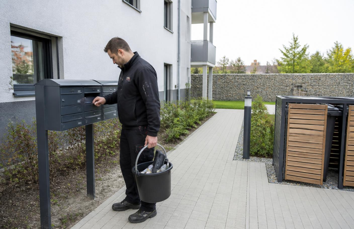 Hausmeister von Rosenbaum bei einer Kleinreparatur im Treppenhaus