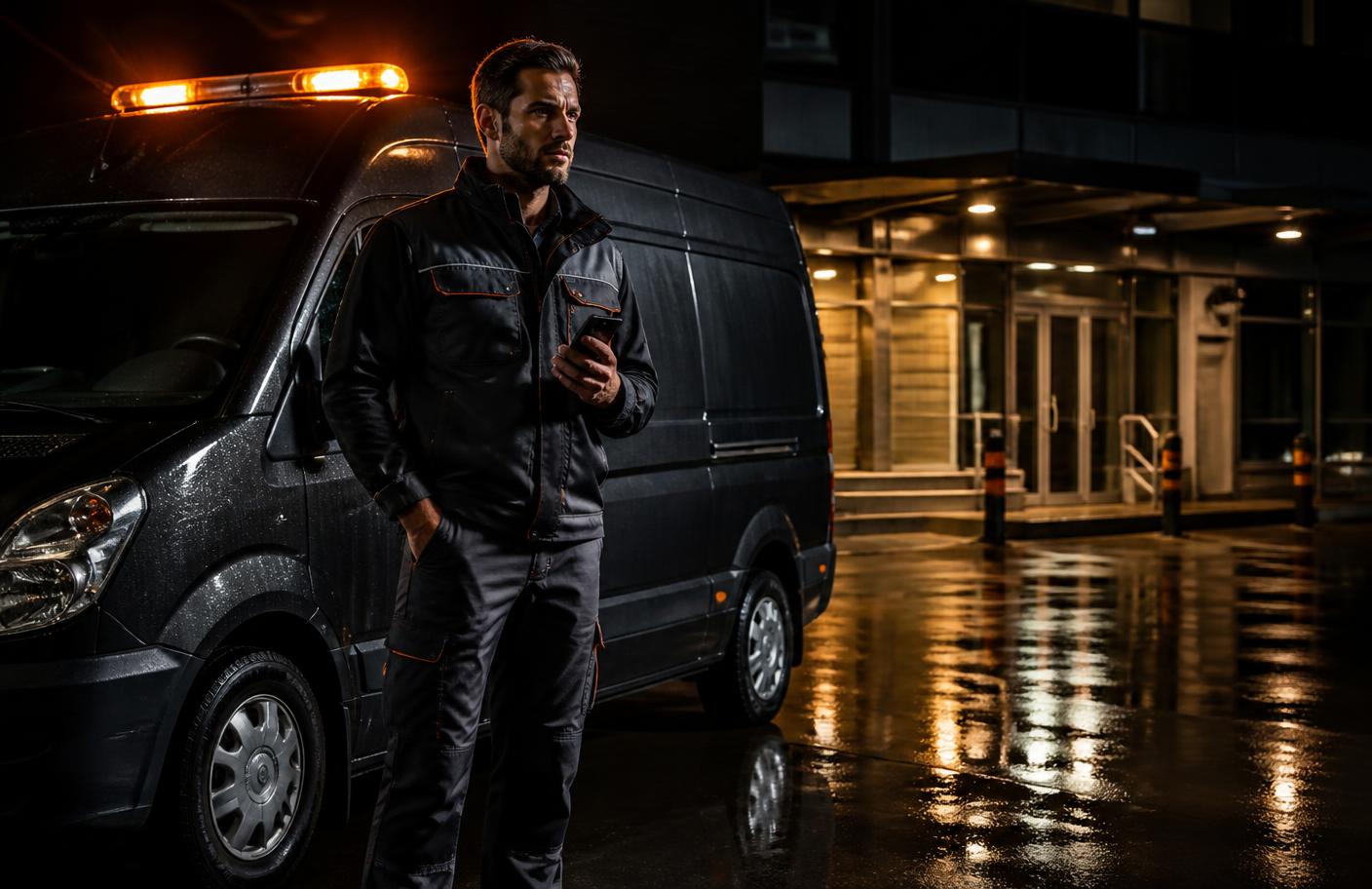 Notdienst-Techniker von Rosenbaum Facility Management vor dem Servicefahrzeug bei einem nächtlichen Einsatz