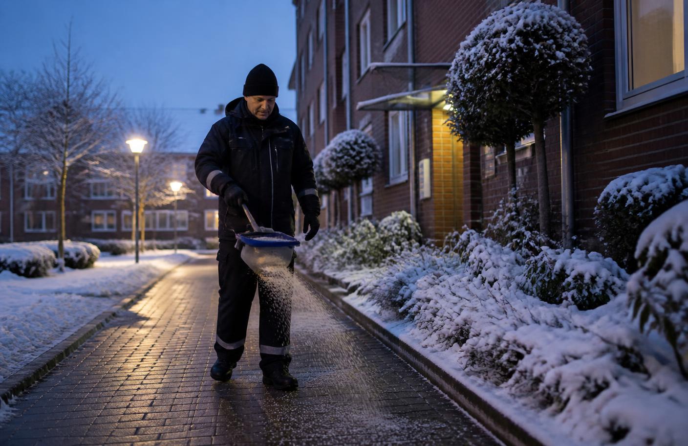 Winterdienst von Rosenbaum räumt frühmorgens einen Gehweg vor einem Wohnhaus